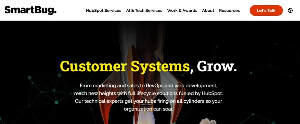 SmartBug Media homepage: “Customer Systems, Grow.” with HubSpot lifecycle services