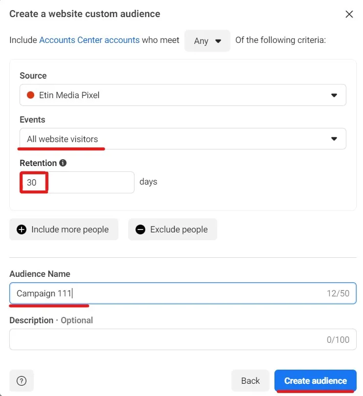 Create a website custom audience form: Etin Media Pixel source, all website visitors, 30-day retention