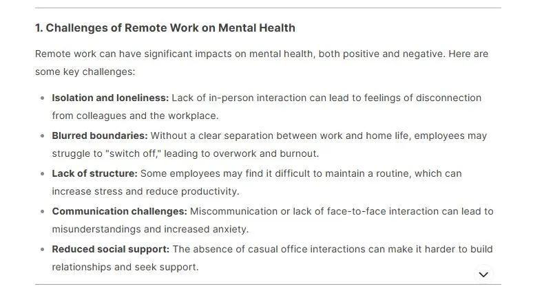 AI-generated list of remote work challenges for mental health, such as isolation and blurred boundaries