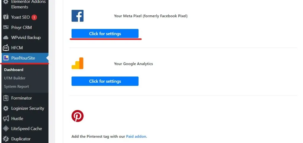 PixelYourSite dashboard with the Click for settings button under Your Meta Pixel underlined