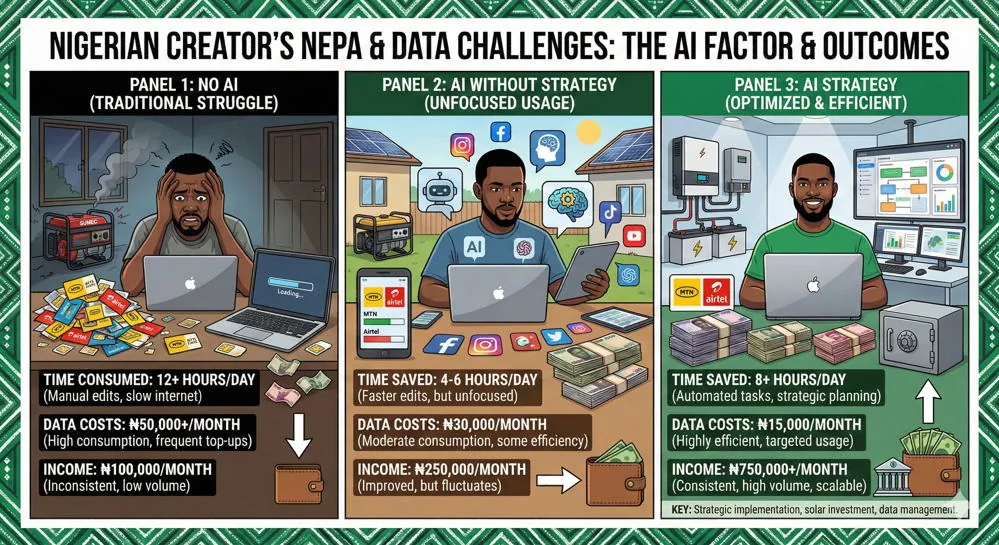 Three-panel infographic comparing a Nigerian creator’s time, data costs, and income with no AI, unfocused AI, and an AI strategy
