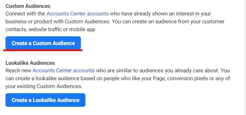 Meta Audiences page with the Create a Custom Audience button underlined