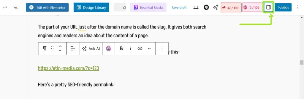 WordPress block editor with the settings panel toggle highlighted in the top toolbar