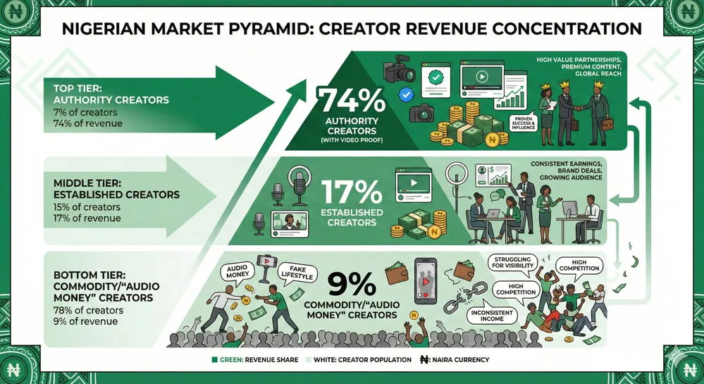 Infographic of Nigerian creator revenue: authority creators are 7% of creators but earn 74% of revenue