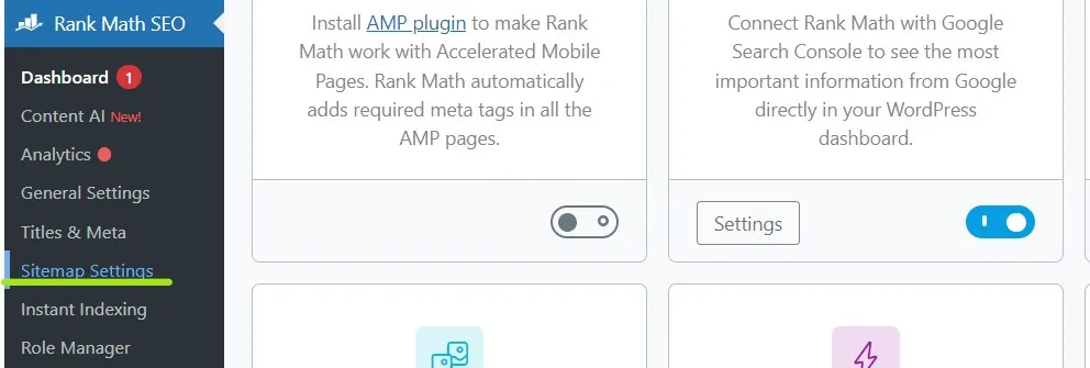 Rank Math SEO sidebar menu with Sitemap Settings highlighted