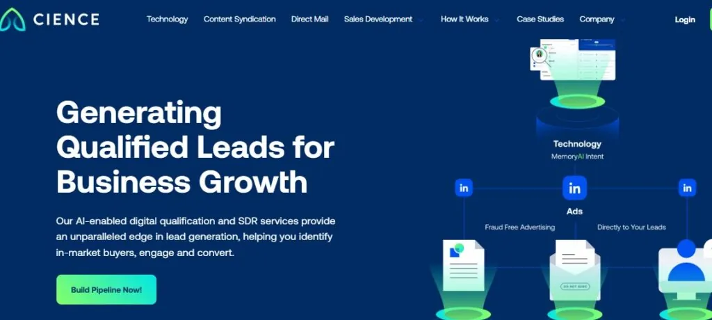 CIENCE homepage: “Generating Qualified Leads for Business Growth” with AI-enabled SDR services