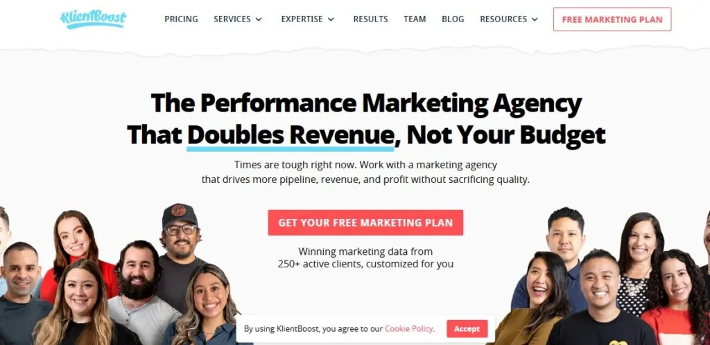 KlientBoost homepage: “The Performance Marketing Agency That Doubles Revenue, Not Your Budget”