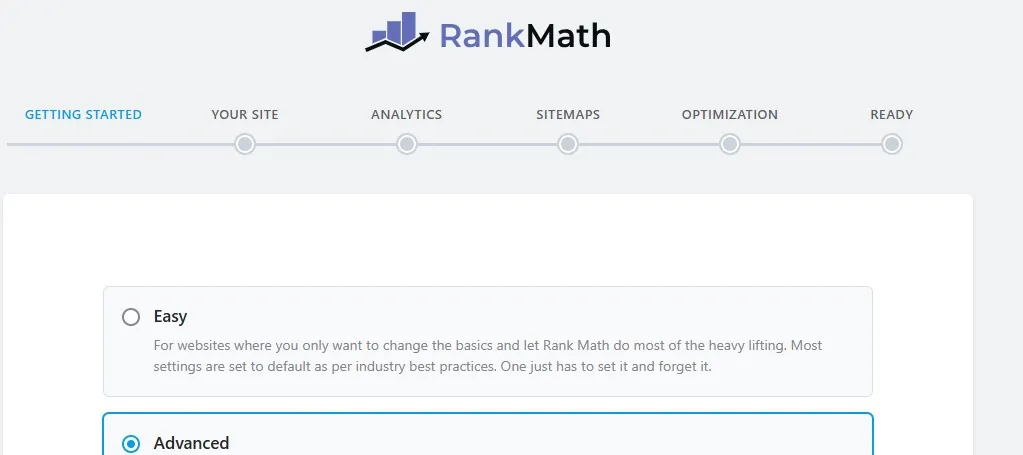 Rank Math setup wizard Getting Started step offering Easy and Advanced modes