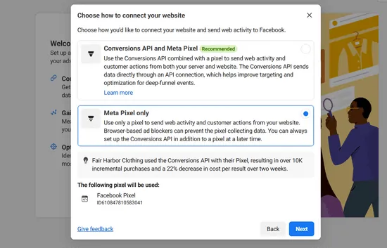 Meta dialog for choosing how to connect your website, with Meta Pixel only selected