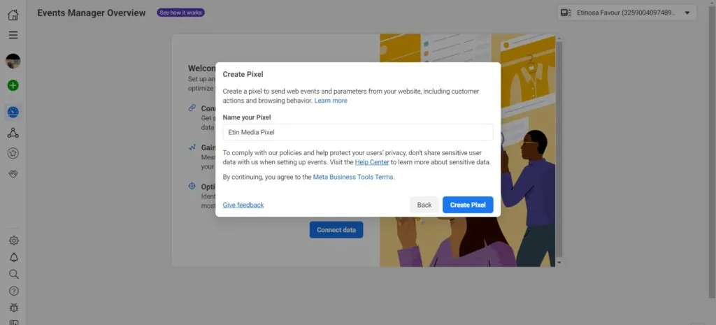 Create Pixel dialog in Meta Events Manager with the pixel named “Etin Media Pixel”