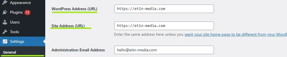 WordPress Settings → General with matching WordPress Address and Site Address URLs