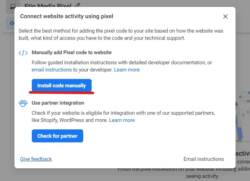 Connect website activity using pixel dialog with the Install code manually button underlined