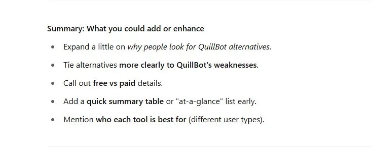 AI summary of what to add to a QuillBot alternatives article