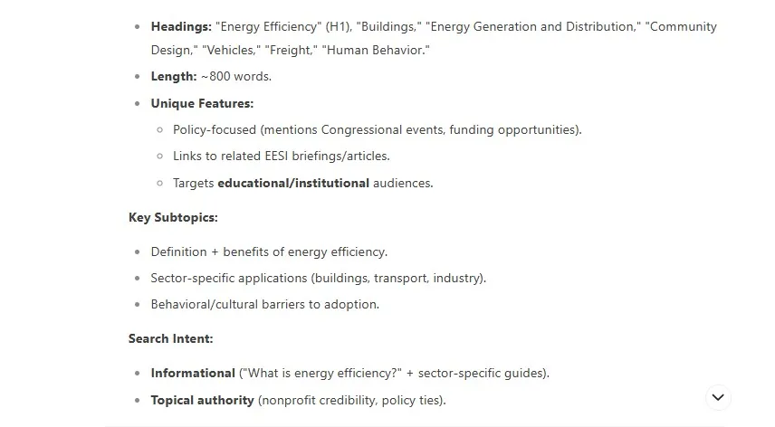 DeepSeek breakdown of a competing energy efficiency article: headings, length, unique features, subtopics, and search intent