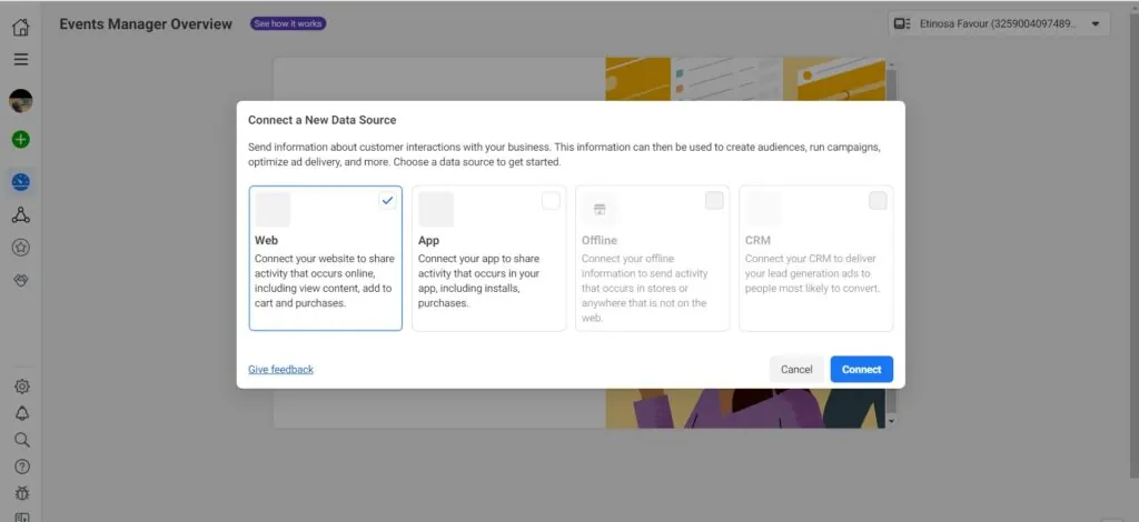 Connect a New Data Source dialog in Meta Events Manager with Web selected