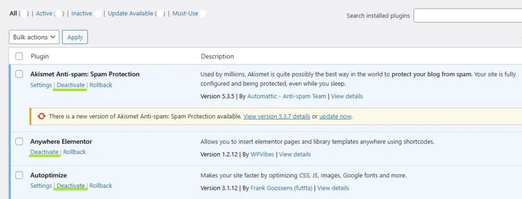 WordPress Plugins screen with the Deactivate link highlighted under each installed plugin