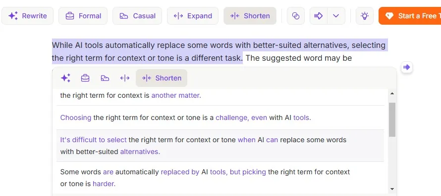 Wordtune Shorten suggestions offering alternative phrasings of a highlighted sentence