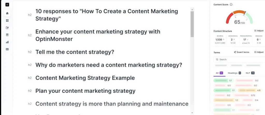 Surfer SEO outline generator showing H2 headings for a content marketing strategy article