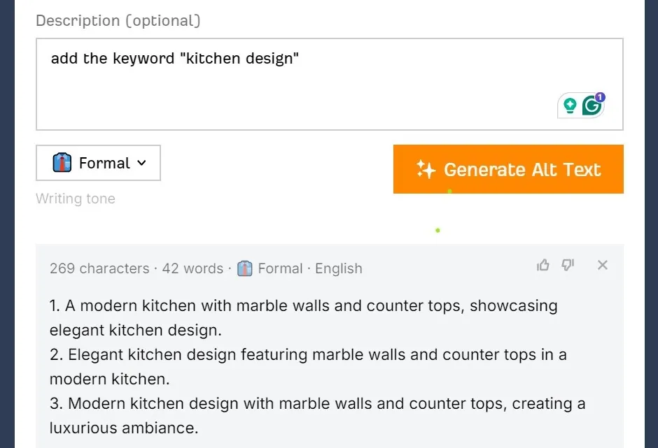 AI alt text generator returning three alt text options for a kitchen photo with the keyword “kitchen design”