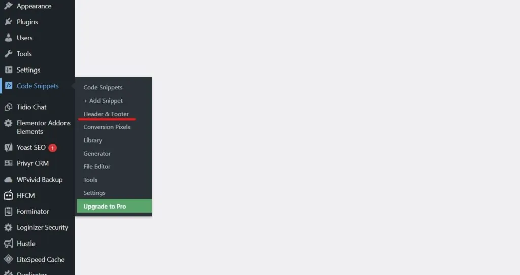 WordPress Code Snippets menu with Header & Footer underlined