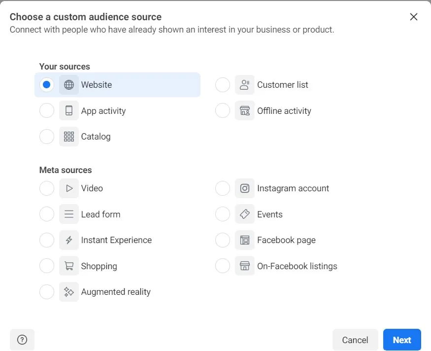 Choose a custom audience source dialog with Website selected