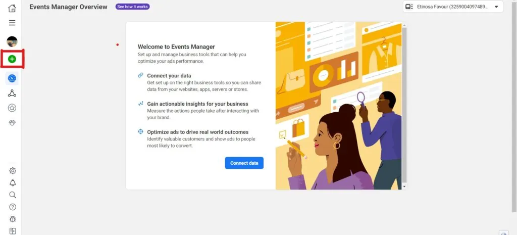 Meta Events Manager overview with the Connect Data Sources plus icon highlighted in the sidebar