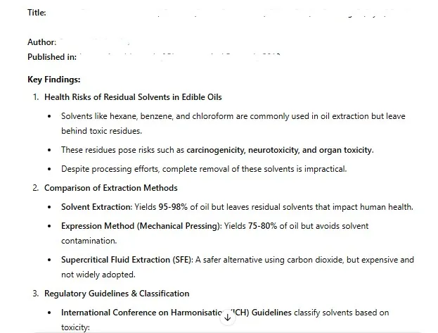 ChatGPT summary of a research paper’s key findings on residual solvents in edible oils