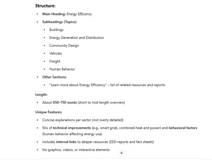 ChatGPT breakdown of an energy efficiency article’s structure, length, and unique features