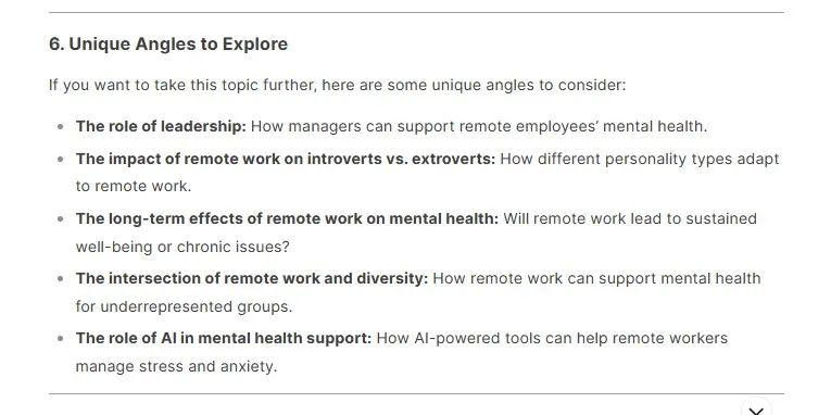 AI-suggested unique angles for an article on remote work and mental health