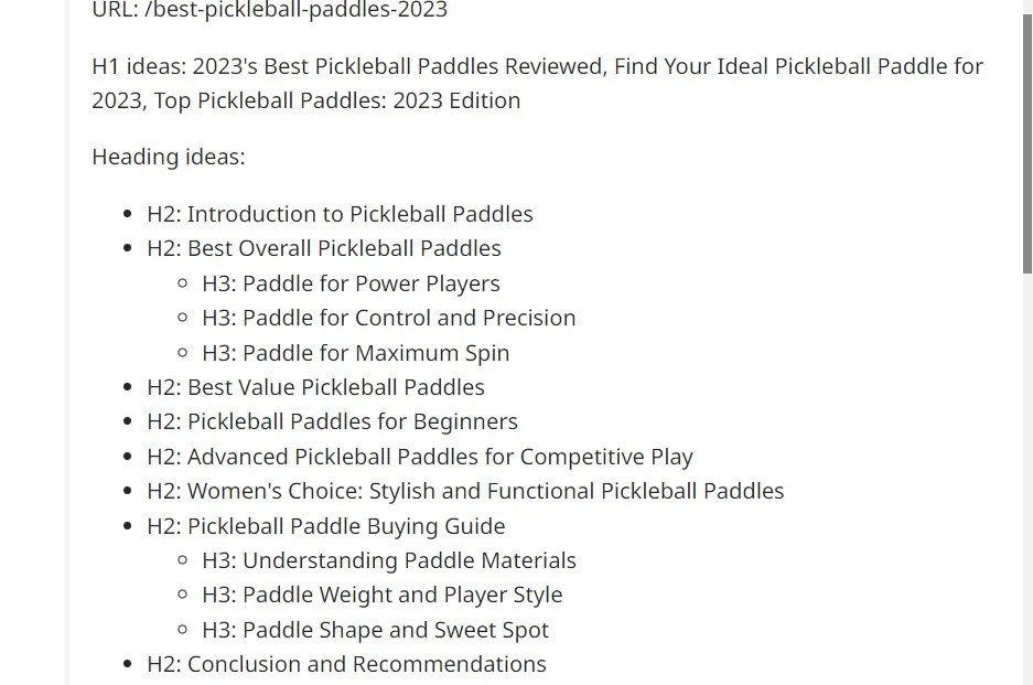 AI content brief for a best pickleball paddles article with suggested H1, H2, and H3 headings
