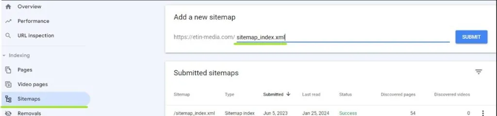 Google Search Console Sitemaps page with sitemap_index.xml entered under Add a new sitemap