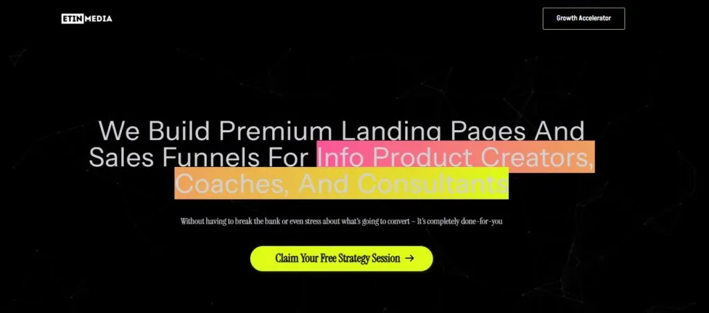 Etin Media’s earlier homepage offering landing pages and sales funnels for info product creators, coaches, and consultants