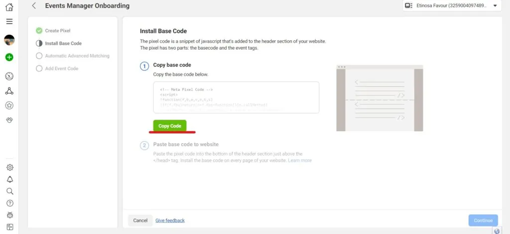 Meta Events Manager Install Base Code step with the Copy Code button underlined