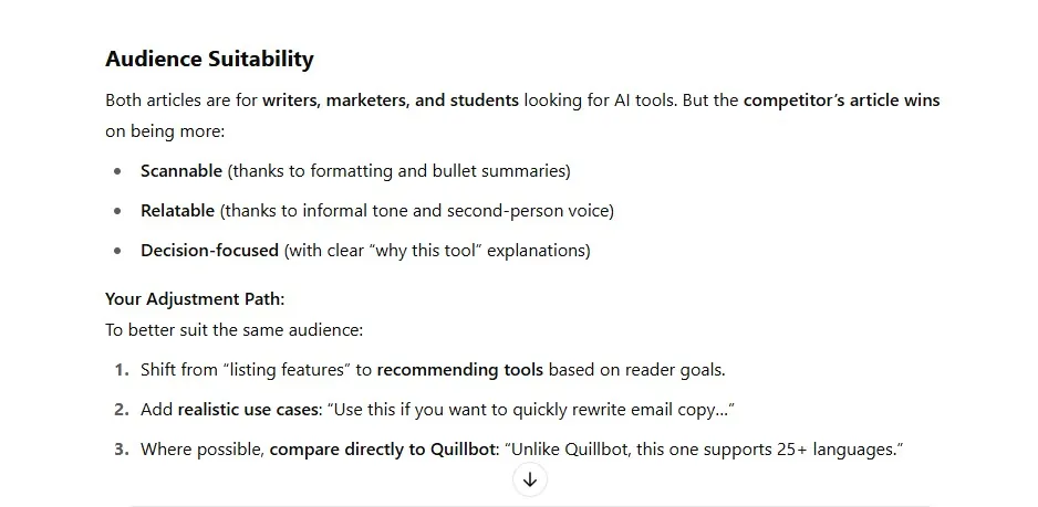ChatGPT’s audience suitability analysis and suggested adjustments for the draft