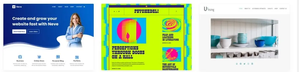 Three lightweight WordPress theme demos: Neve, a bold magazine layout, and a minimal shop theme
