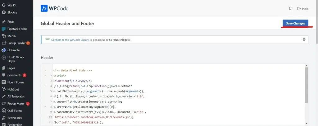 WPCode Global Header and Footer page with Meta Pixel code in the Header box and Save Changes underlined