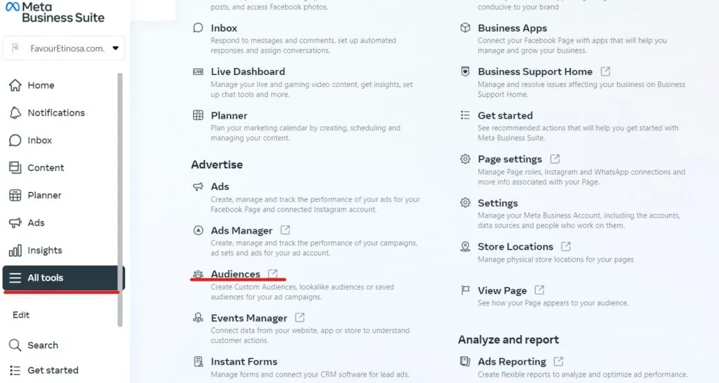 Meta Business Suite All tools menu with Audiences underlined