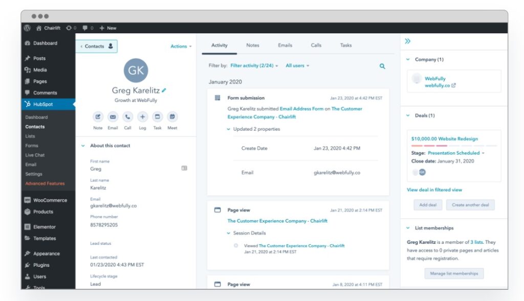 A screenshot of the HubSpot plugin in a WP dashboard