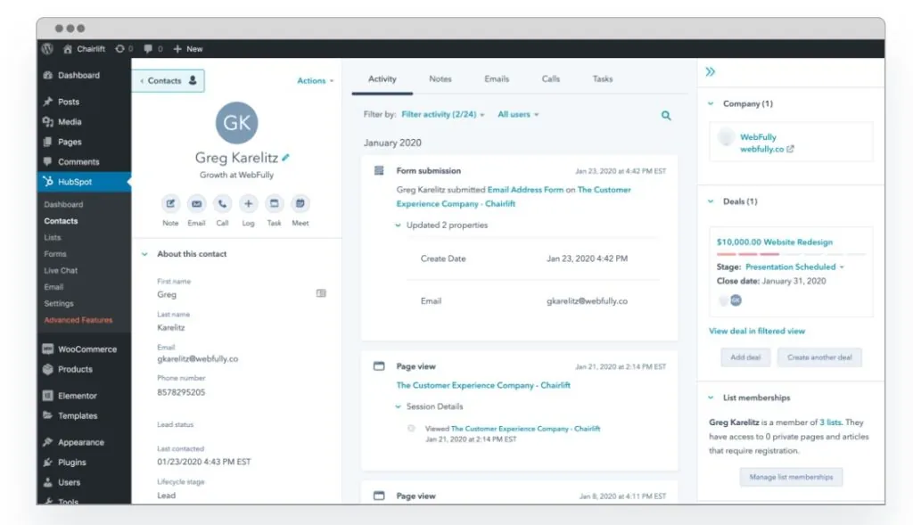 A screenshot of the HubSpot plugin in a WP dashboard