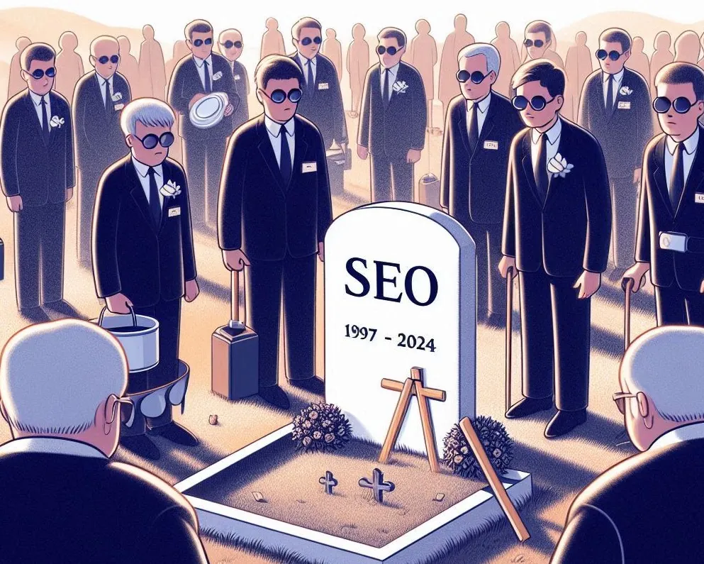 AI-generated cartoon of mourners in black suits at a headstone engraved “SEO 1997–2024”