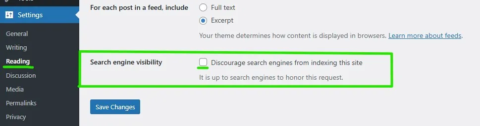 WordPress Settings → Reading screen with “Discourage search engines from indexing this site” unchecked