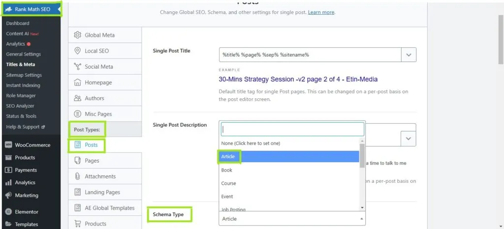 Rank Math Titles & Meta settings for Posts with Article chosen as the schema type