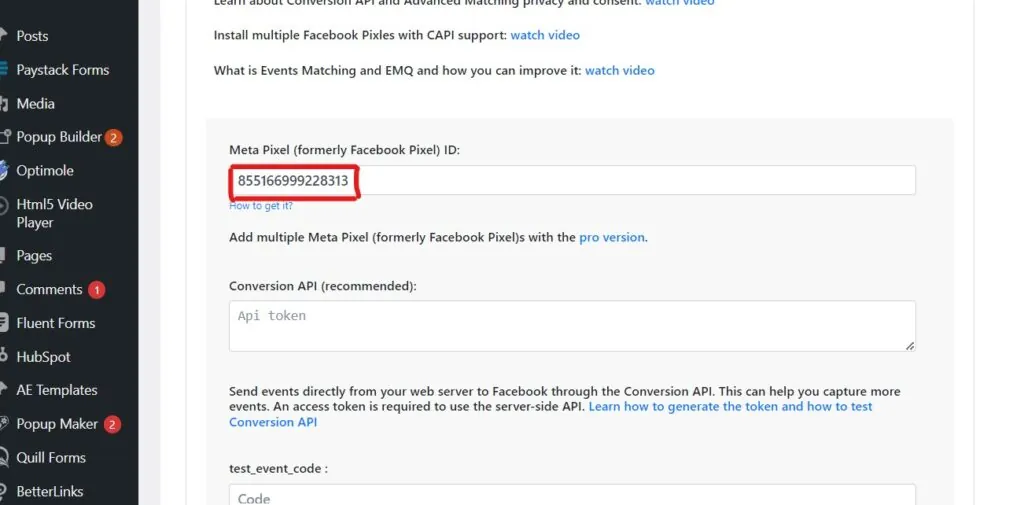 a screenshot of   adding facebook pixel ID 