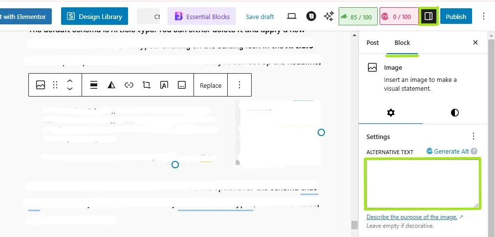 WordPress block editor Block settings with the image Alternative Text field highlighted