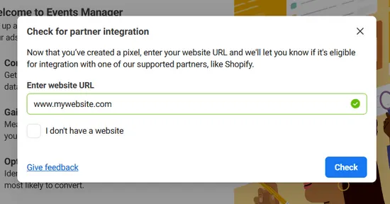 Meta Check for partner integration dialog asking for your website URL