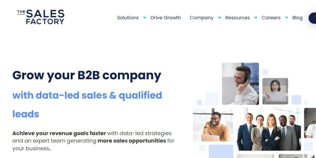 The Sales Factory homepage: “Grow your B2B company with data-led sales & qualified leads”