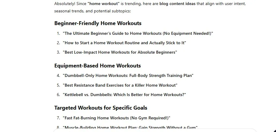 ChatGPT list of blog content ideas for “home workout”, grouped into beginner, equipment-based, and goal-specific topics