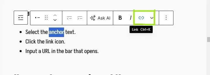 WordPress block editor toolbar with the link icon highlighted after selecting anchor text