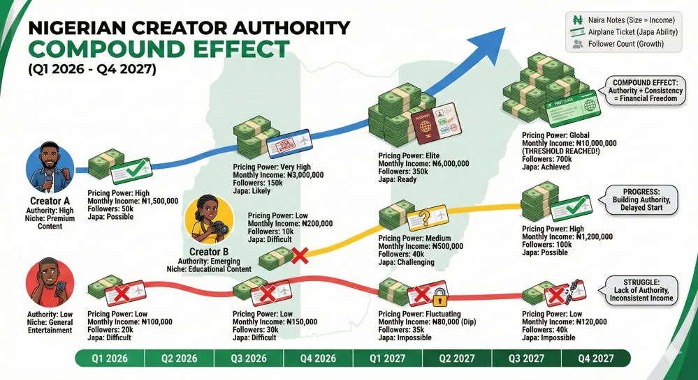 Chart of three Nigerian creators’ income and follower growth from Q1 2026 to Q4 2027, showing the compounding effect of authority
