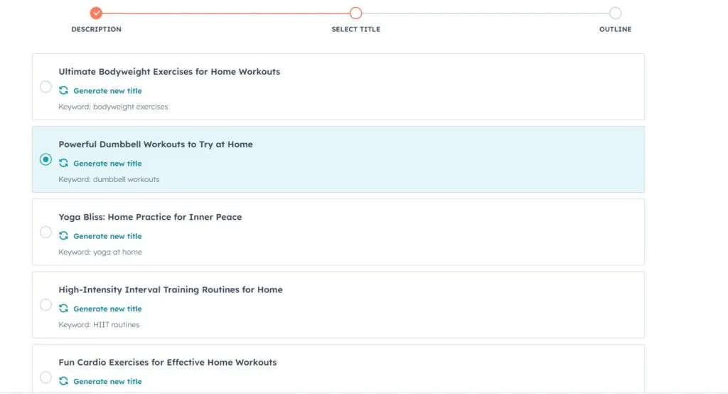 AI blog idea generator’s Select Title step listing home workout post titles with target keywords